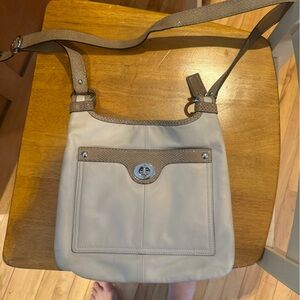 Coach Beige and Tan Leather Crossbody Bag with Turn-Lock Front Pocket